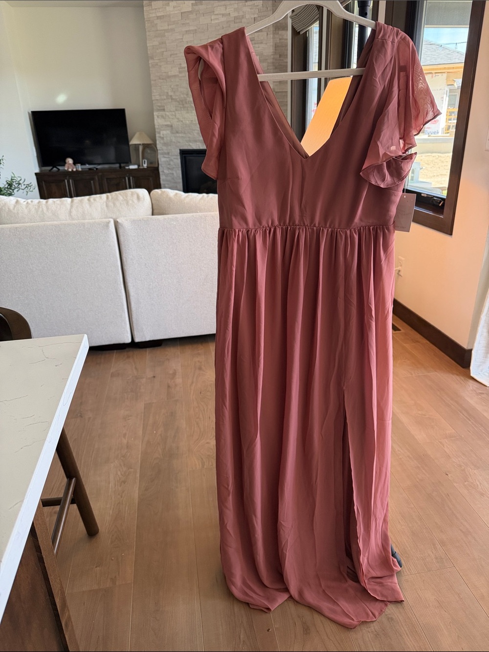 Floral-Sleeve V-Neck Maxi Dress in Dusty Rose